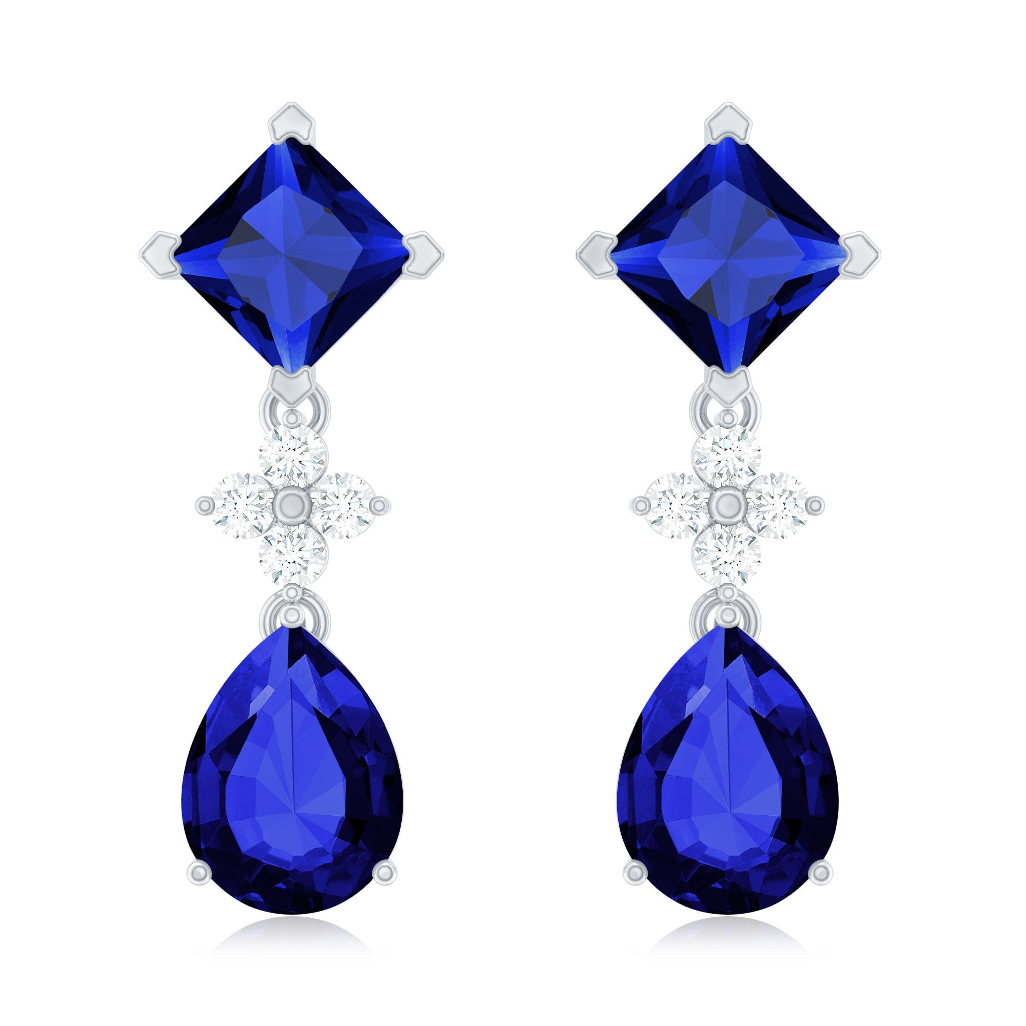 Lab Created Blue Sapphire and Diamond Wedding Drop Earrings