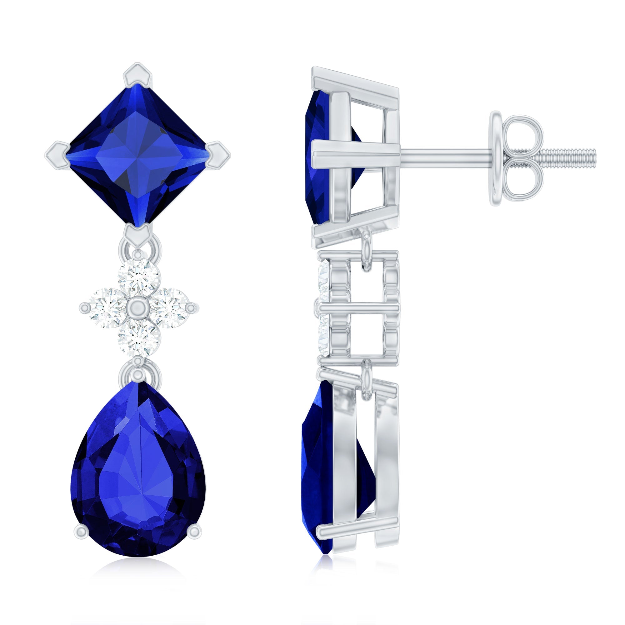 Lab Created Blue Sapphire and Diamond Wedding Drop Earrings