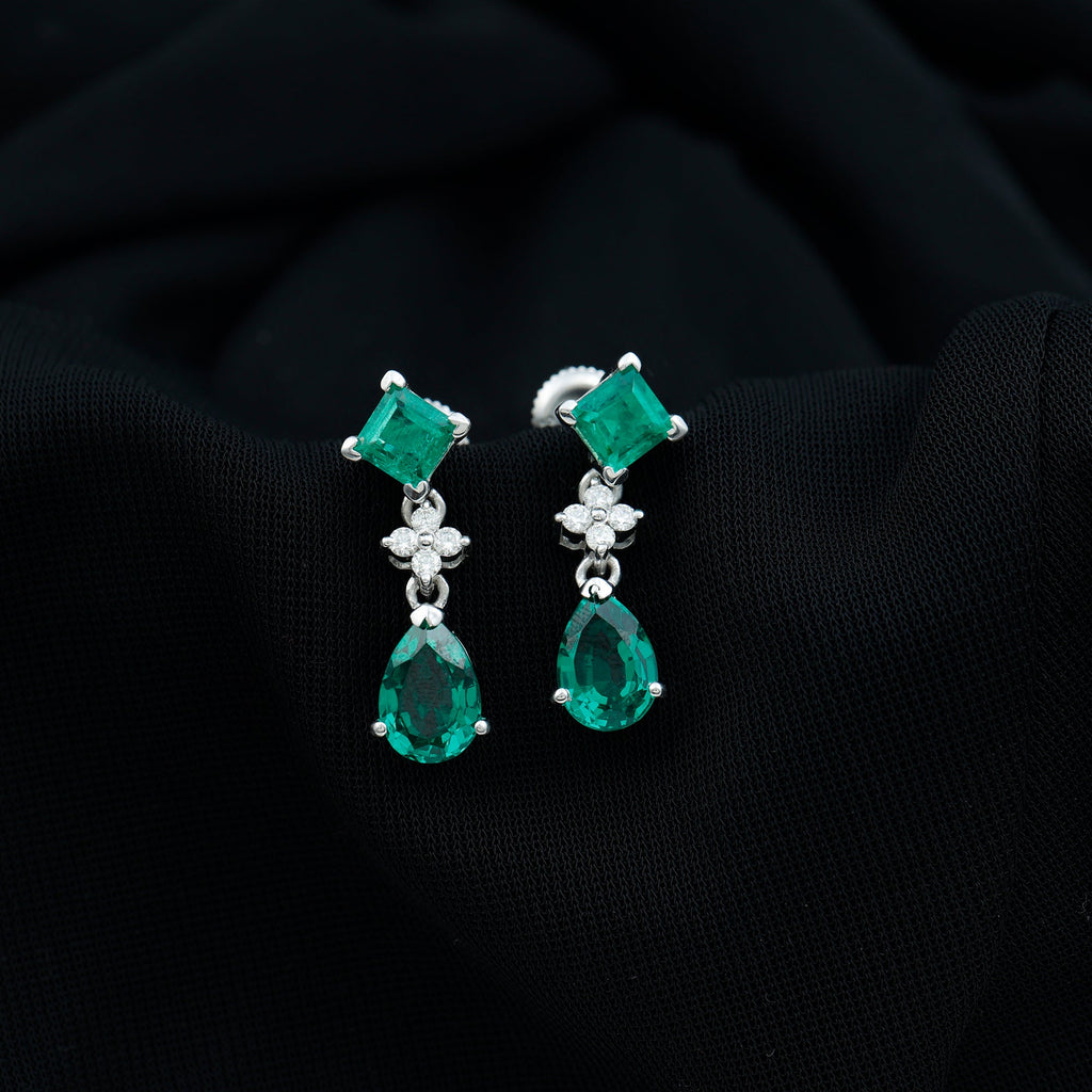 2 Carat Lab Created Emerald and Diamond Bridal Dangle Earrings