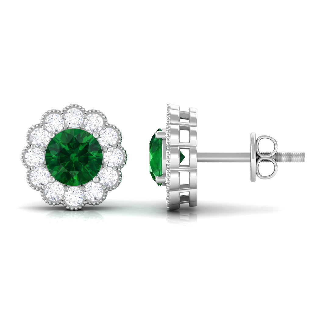 Lab Created Emerald Floral Stud Earrings with Diamond Halo