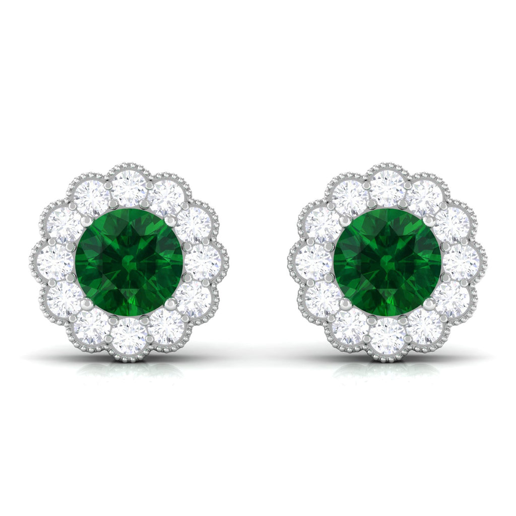Lab Created Emerald Floral Stud Earrings with Diamond Halo