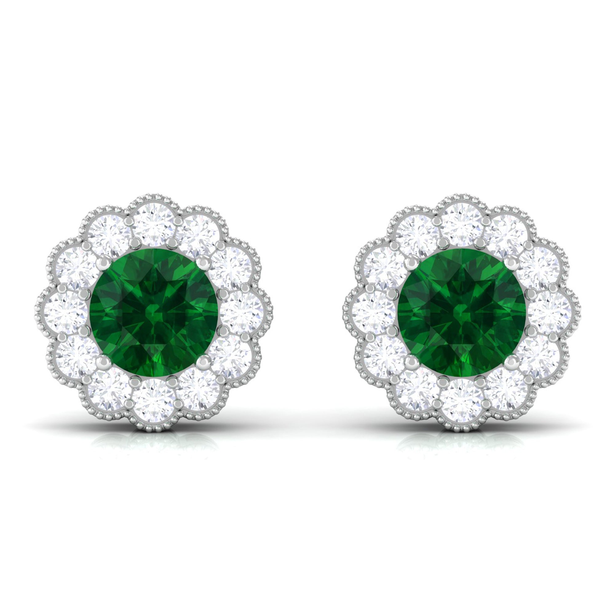 Lab Created Emerald Floral Stud Earrings with Diamond Halo