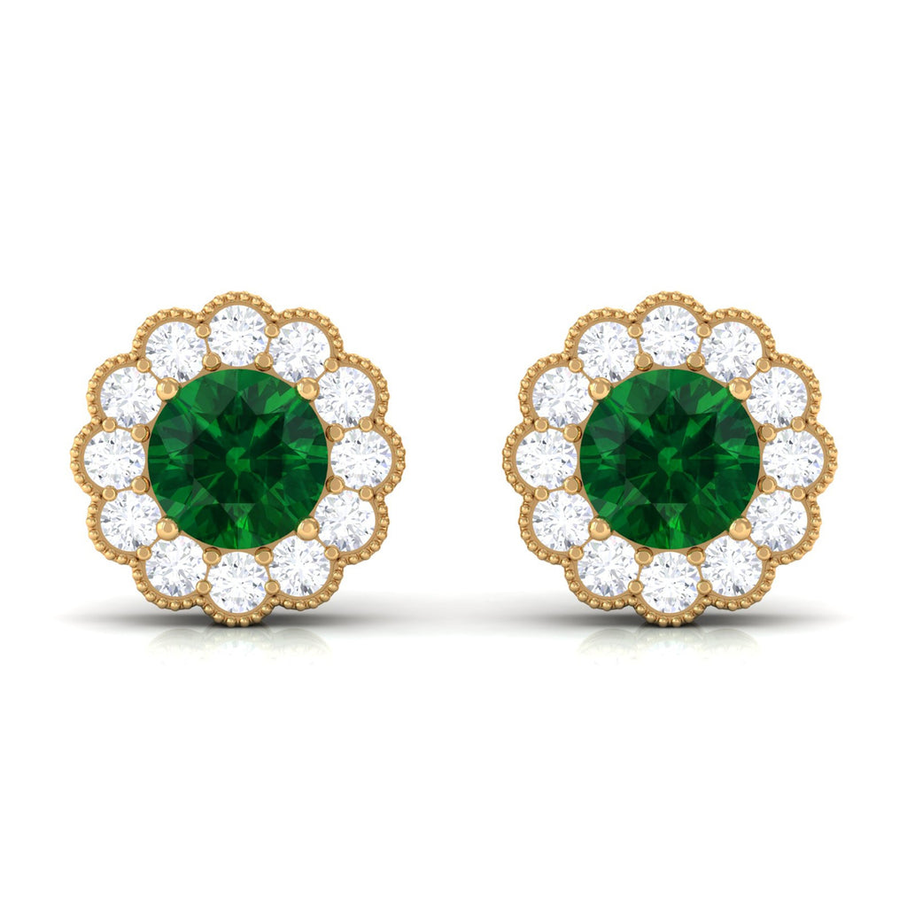 Lab Created Emerald Floral Stud Earrings with Diamond Halo