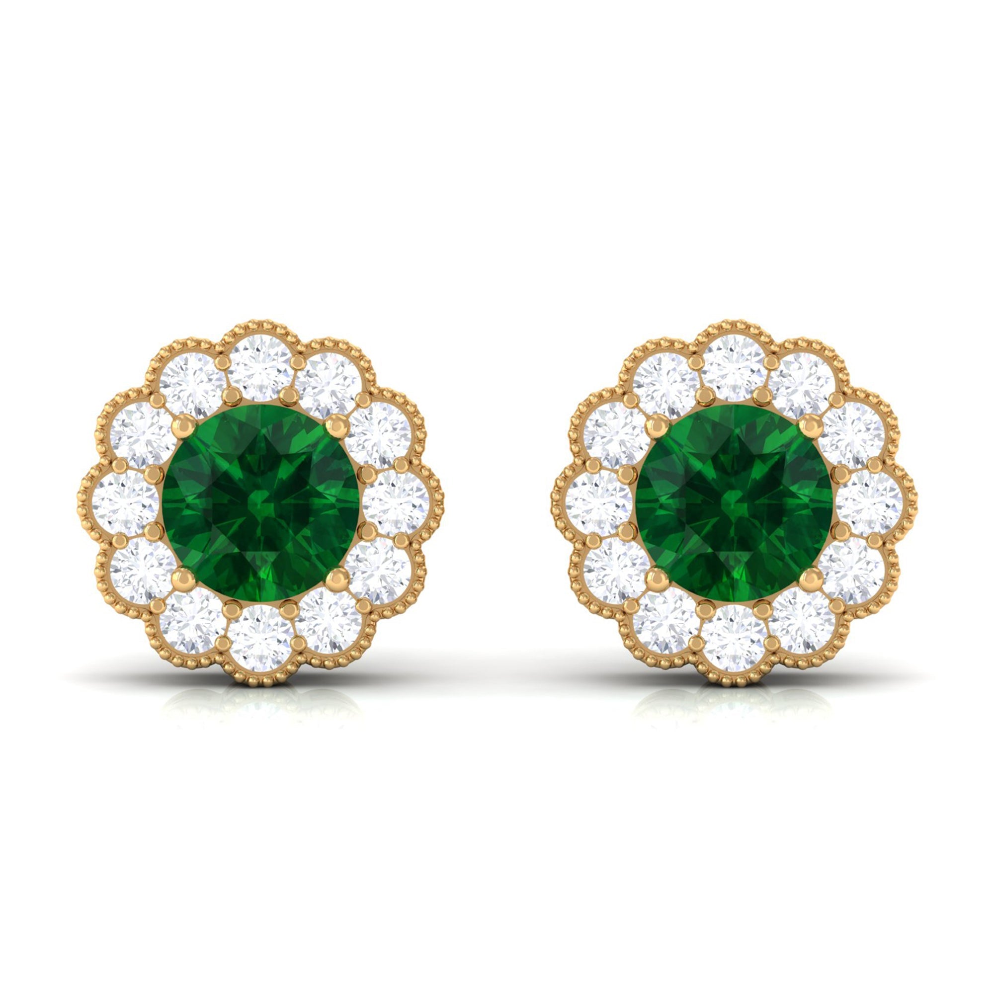 Lab Created Emerald Floral Stud Earrings with Diamond Halo