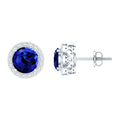 Round Lab Grown Blue Sapphire Stud Earrings With Moissanite Halo