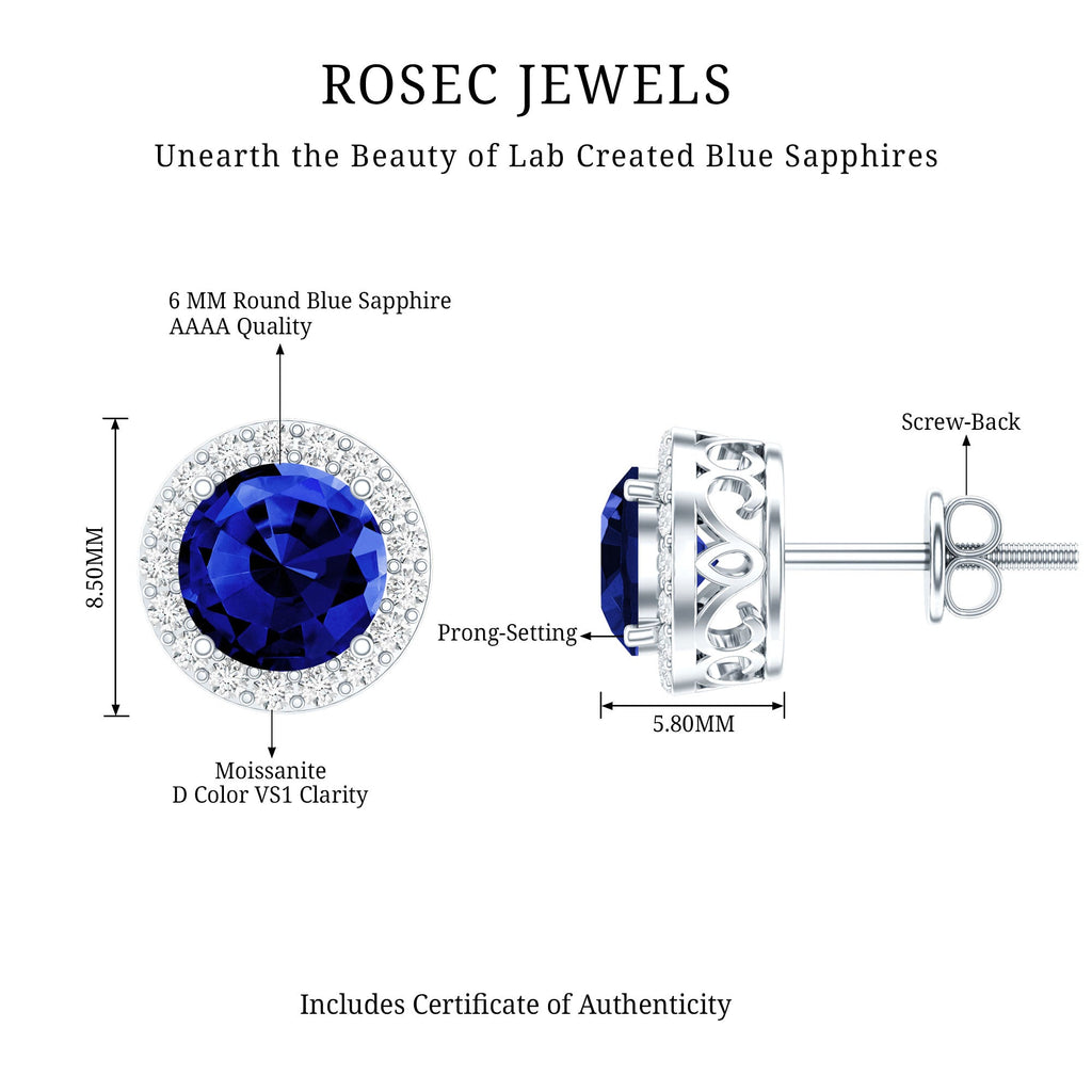 Round Lab Grown Blue Sapphire Stud Earrings With Moissanite Halo