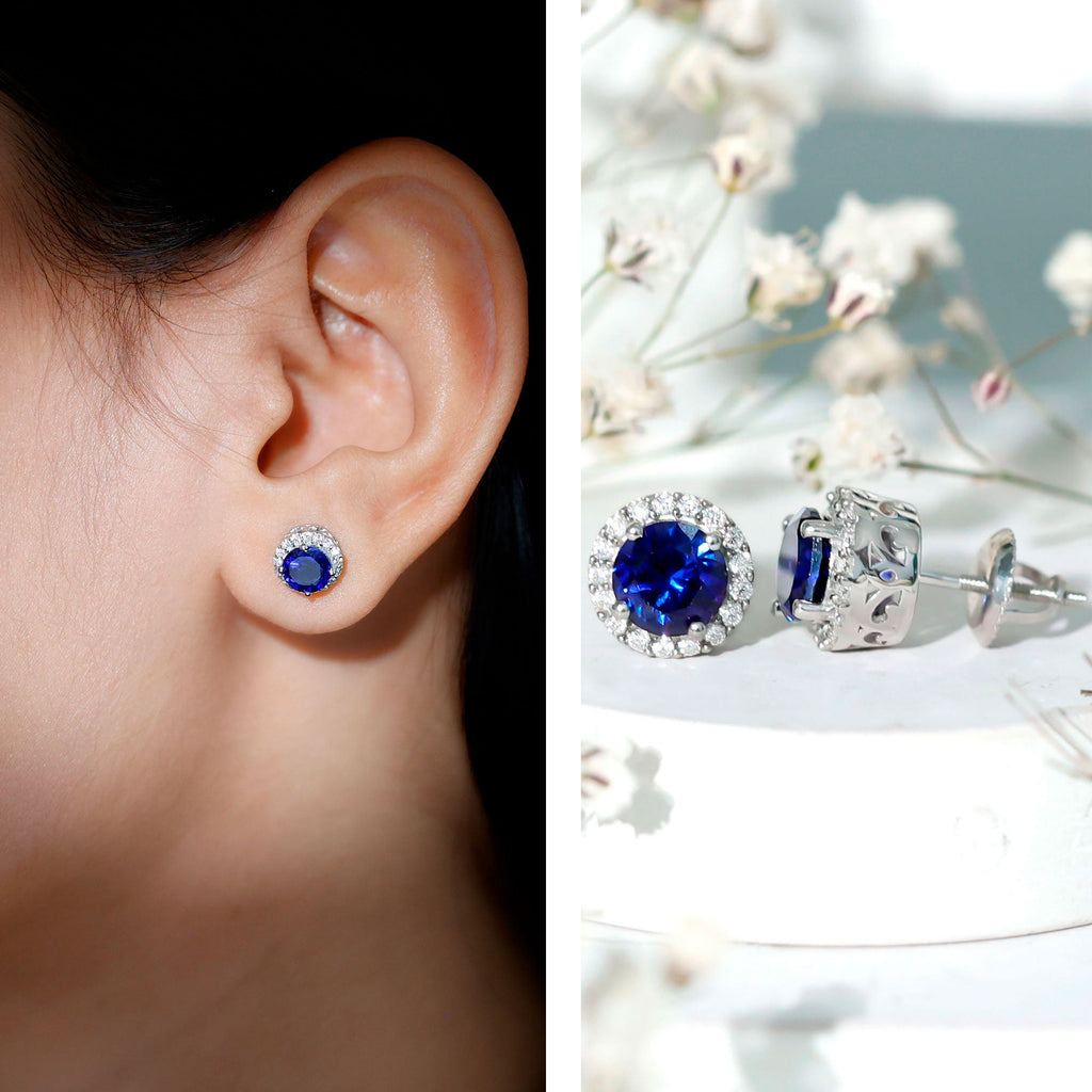 Round Lab Grown Blue Sapphire Stud Earrings With Moissanite Halo