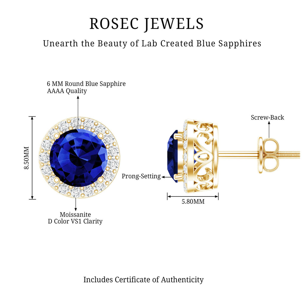 Round Lab Grown Blue Sapphire Stud Earrings With Moissanite Halo