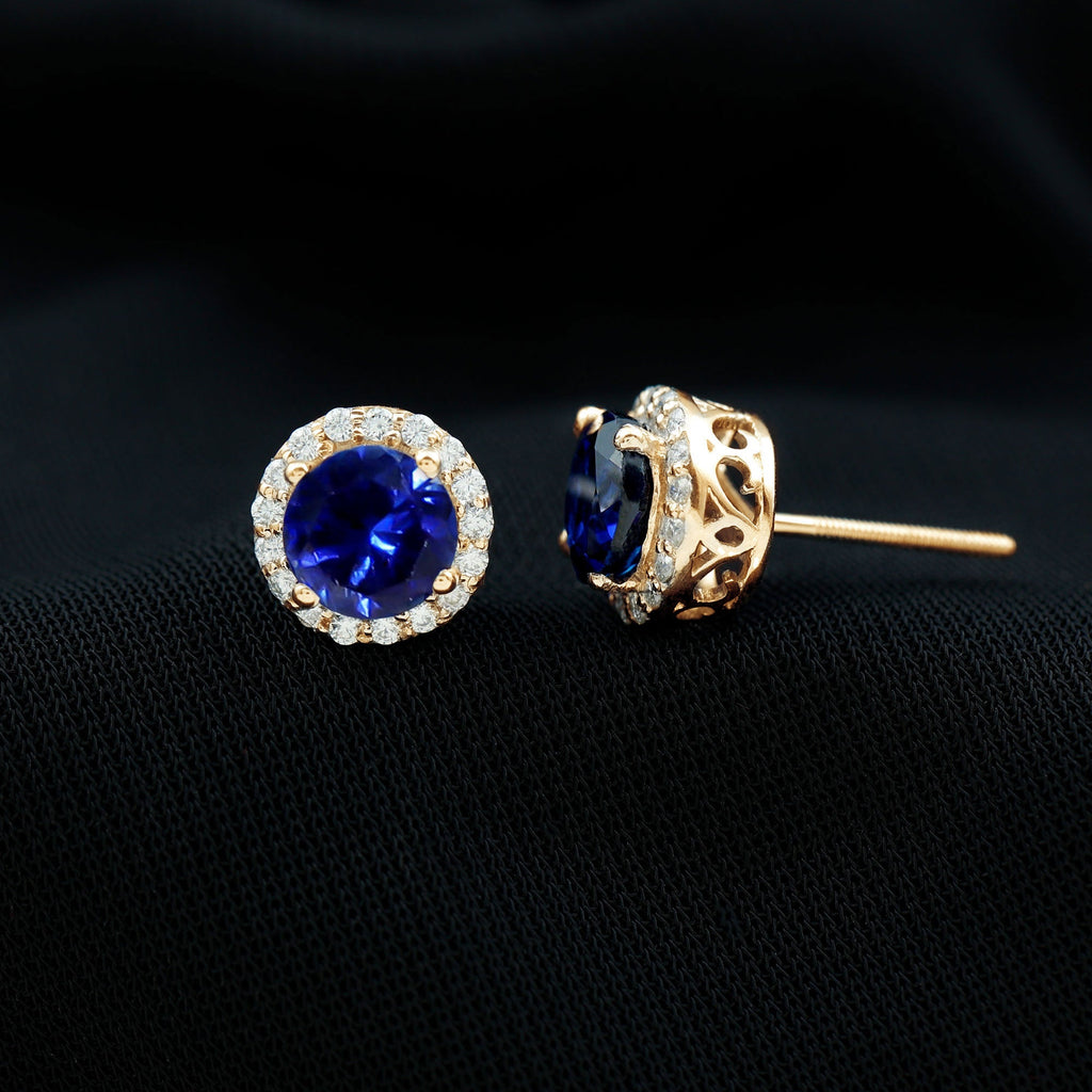 Round Lab Grown Blue Sapphire Stud Earrings With Moissanite Halo