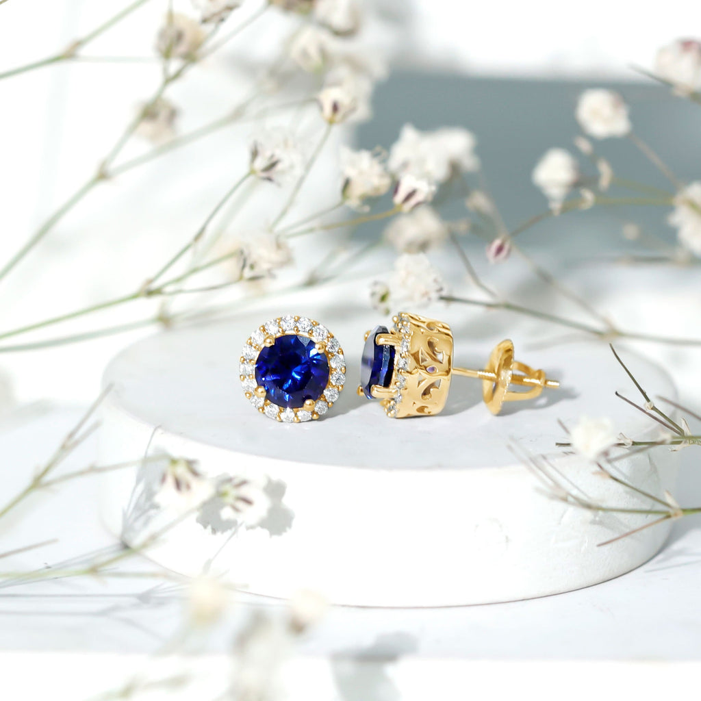 Round Lab Grown Blue Sapphire Stud Earrings With Moissanite Halo
