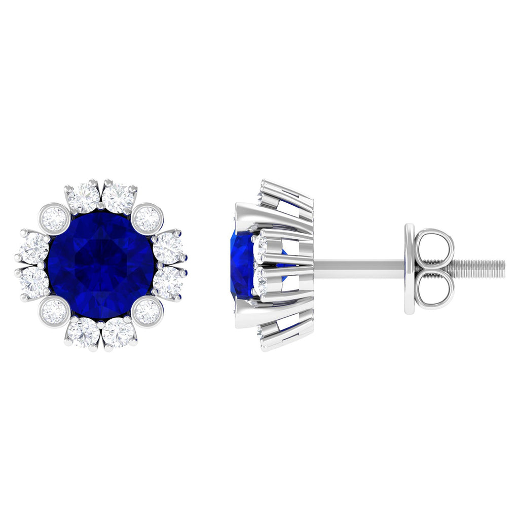 Designer Lab Created Blue Sapphire and Diamond Halo Stud Earrings