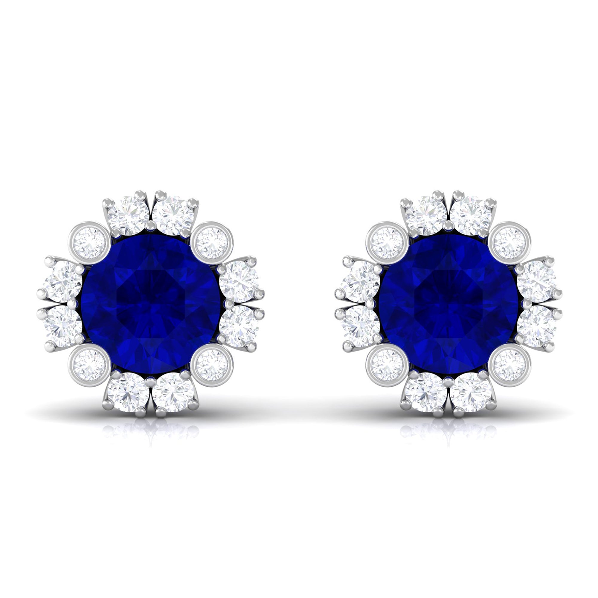 Designer Lab Created Blue Sapphire and Diamond Halo Stud Earrings