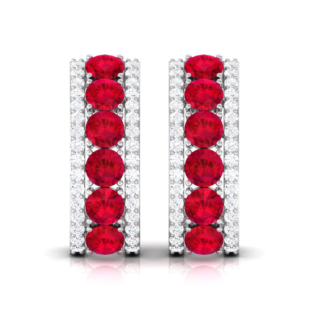 Lab Created Ruby and Diamond Hoop Earrings with Screw Backs