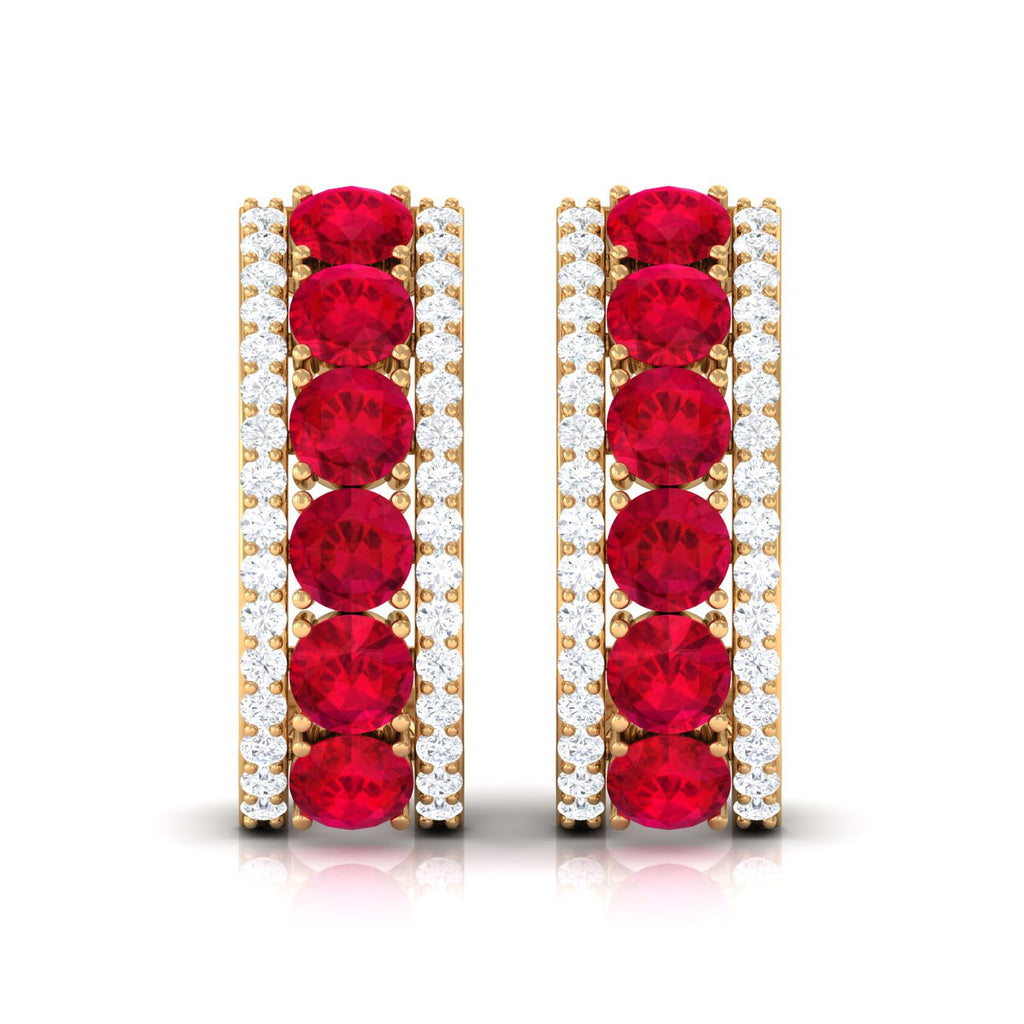 Lab Created Ruby and Diamond Hoop Earrings with Screw Backs