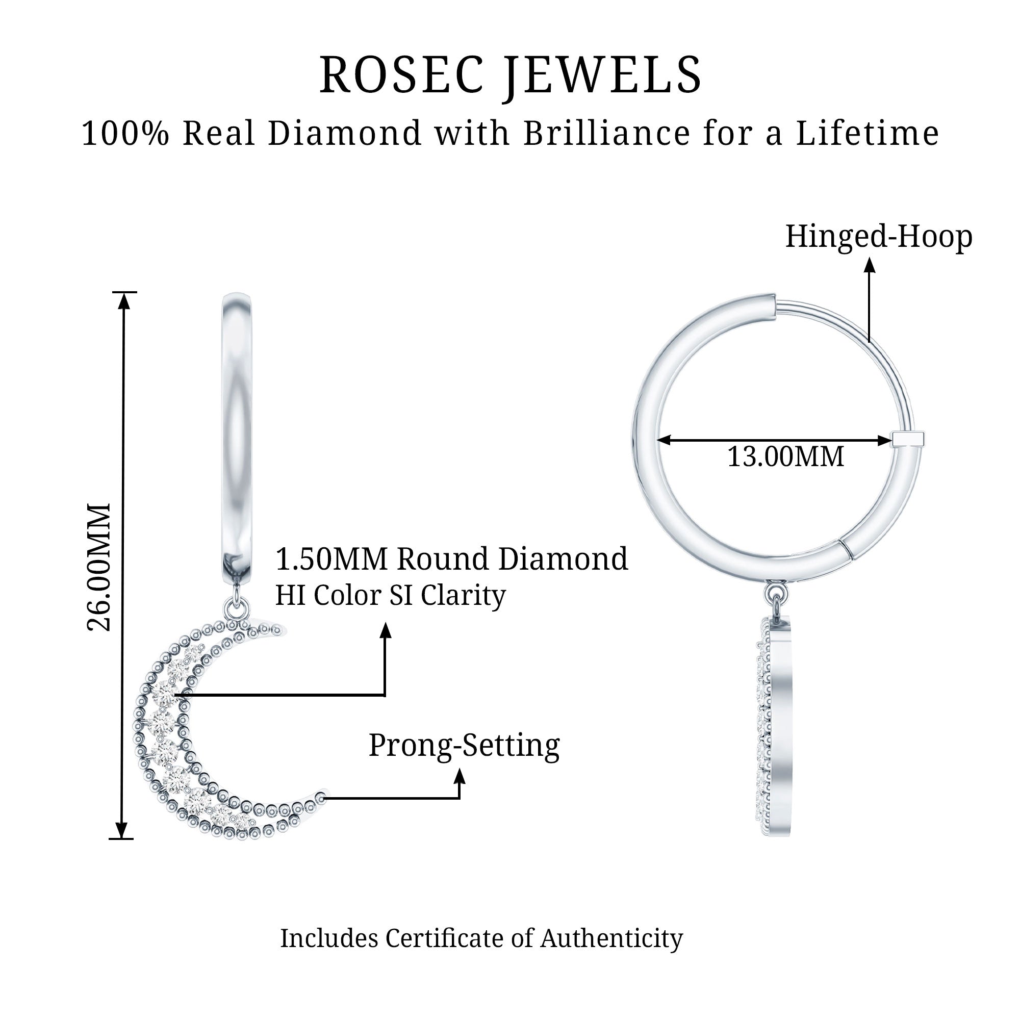 Certified Diamond Moon Drop Hoop Earrings