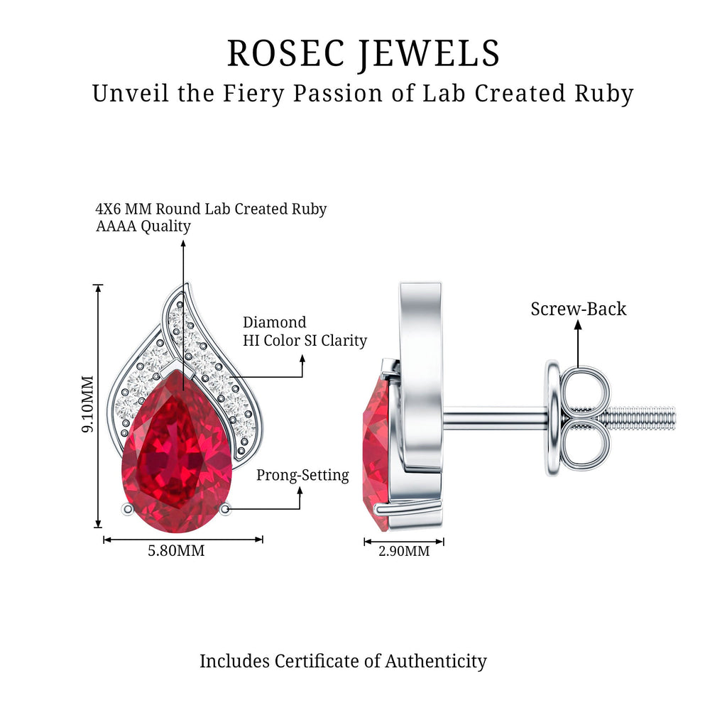 Pear Shaped Lab Created Ruby and Diamond Stud Earring