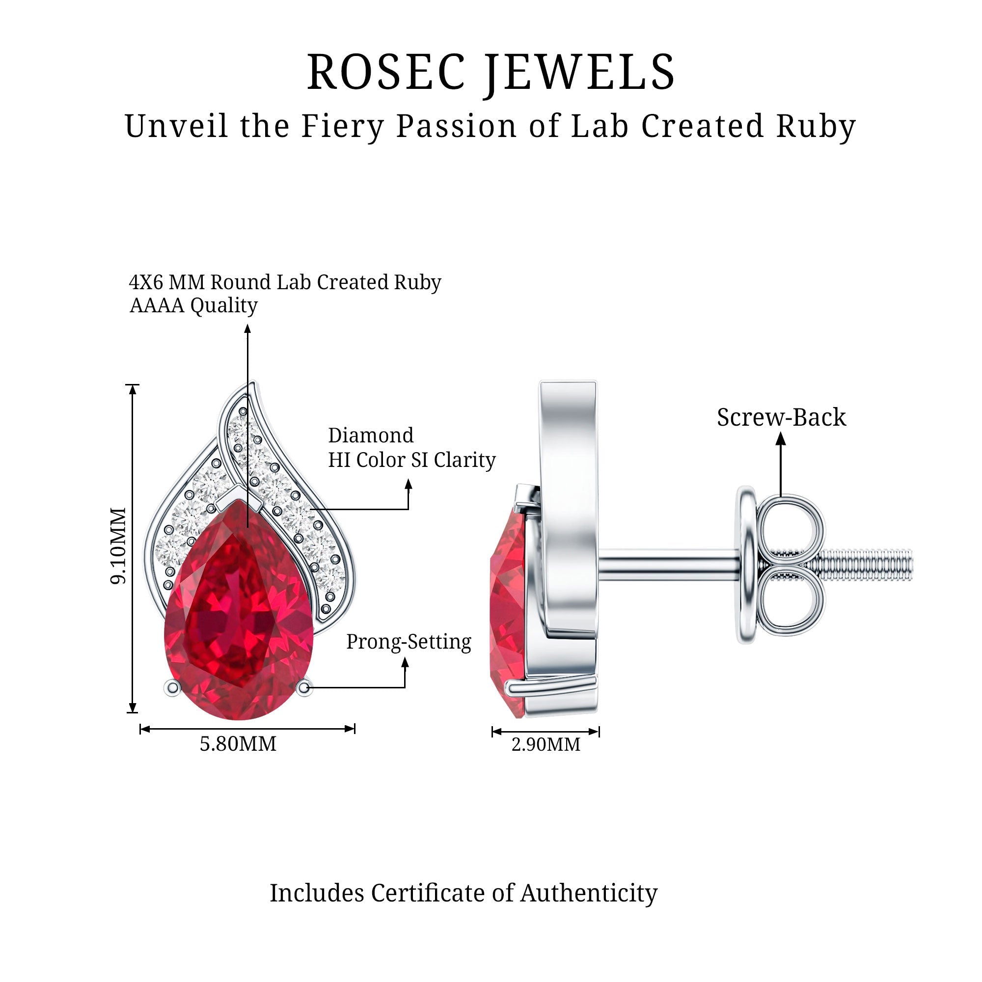 Pear Shaped Lab Created Ruby and Diamond Stud Earring