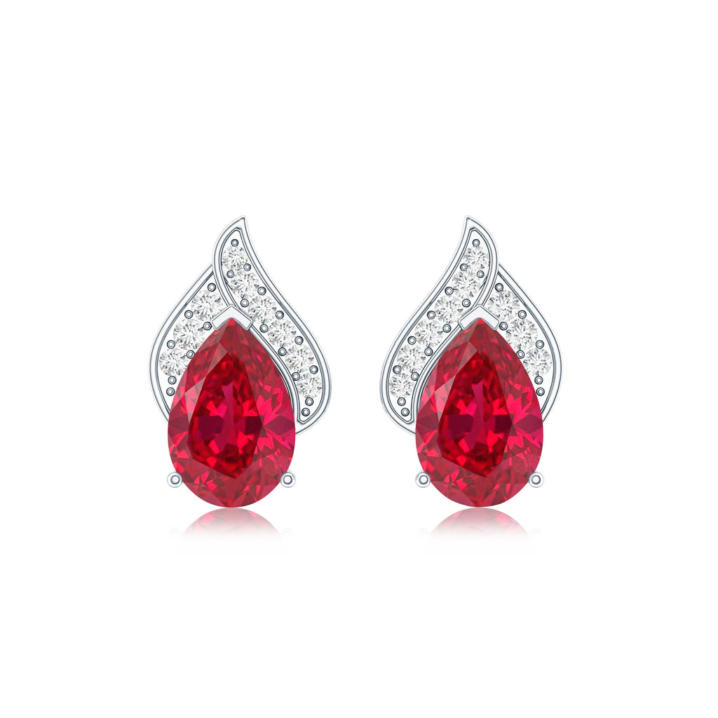 Pear Shaped Lab Created Ruby and Diamond Stud Earring