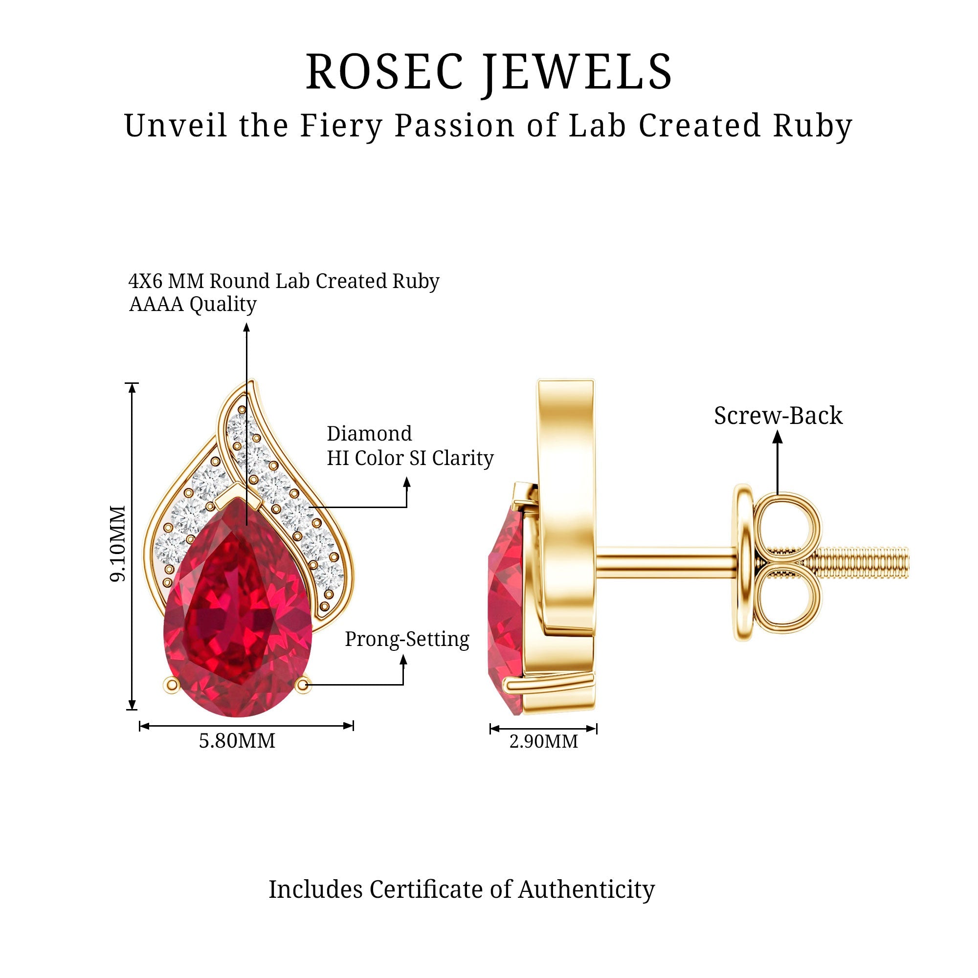 Pear Shaped Lab Created Ruby and Diamond Stud Earring