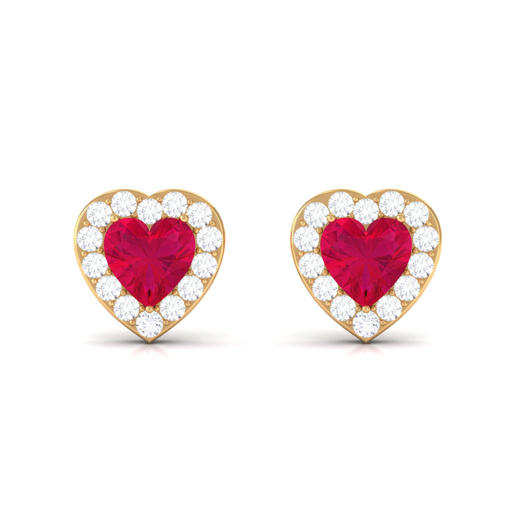Heart Shape Ruby Stud Earrings with Diamond Halo