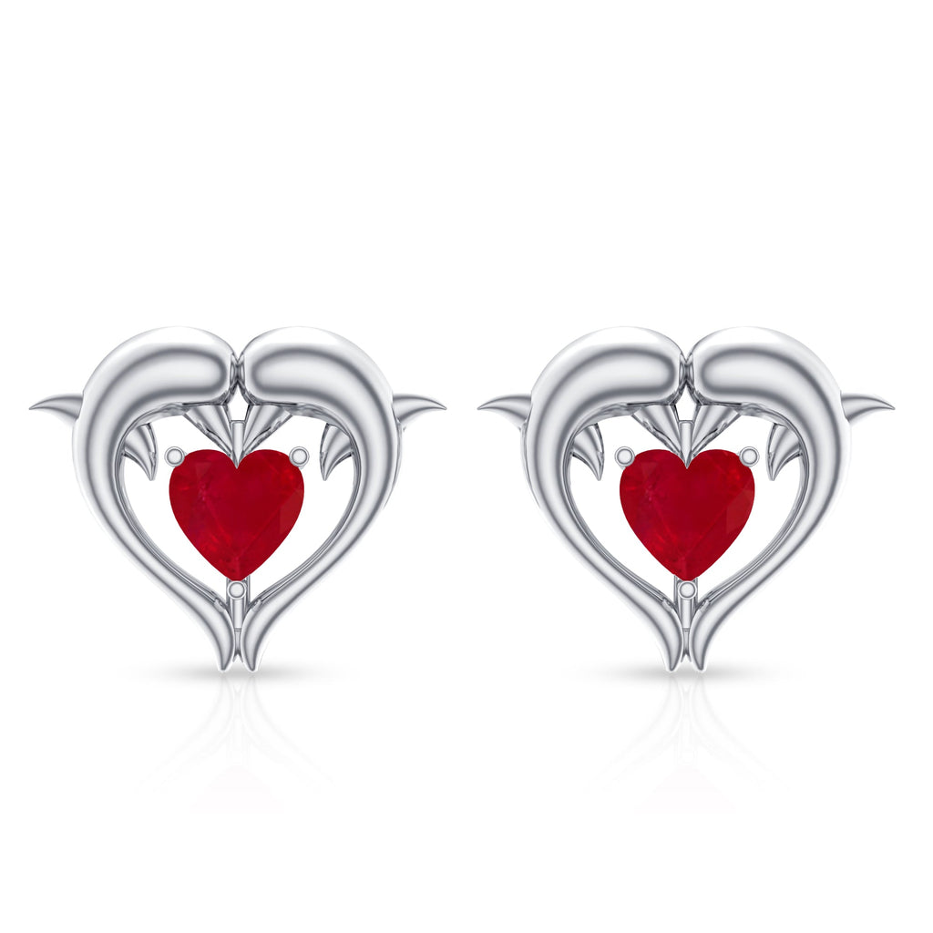0.94 Carat Heart Shape Ruby Dolphin Stud Earrings