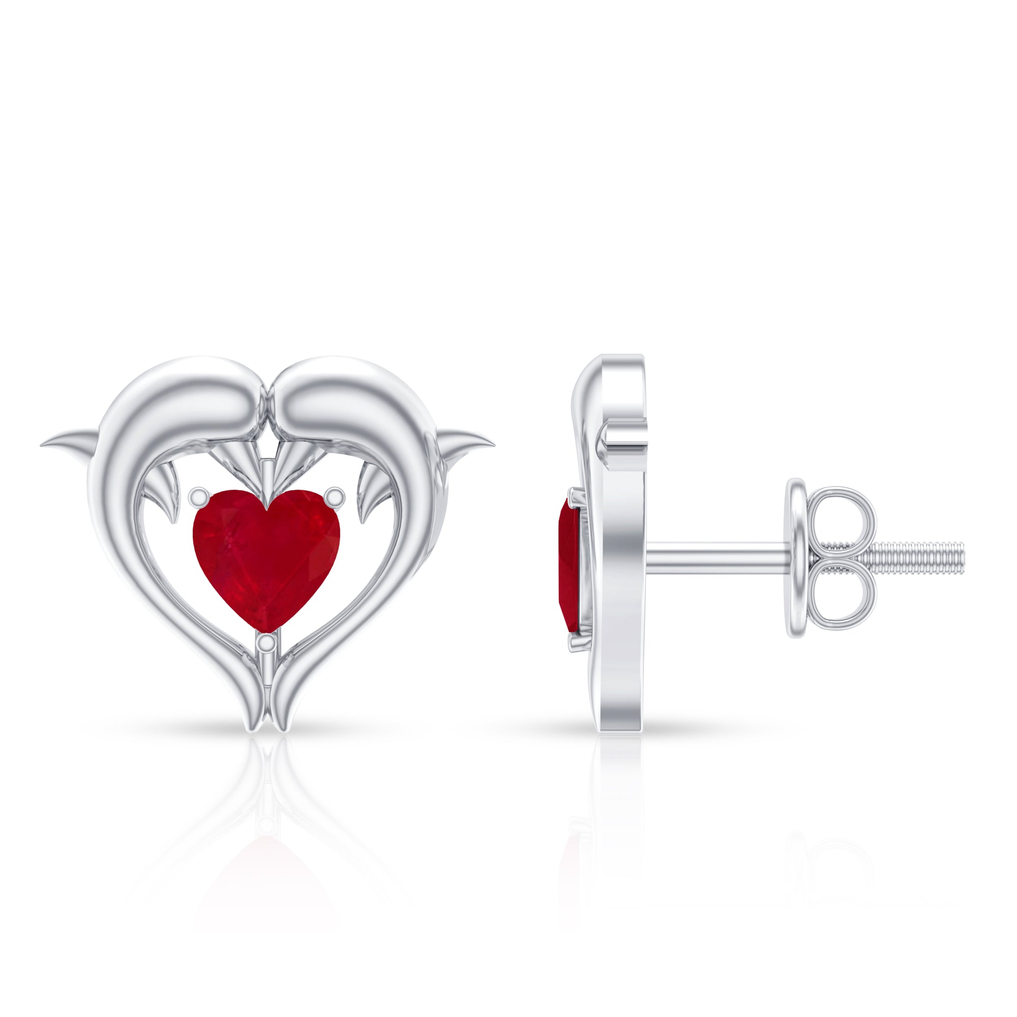 0.94 Carat Heart Shape Ruby Dolphin Stud Earrings