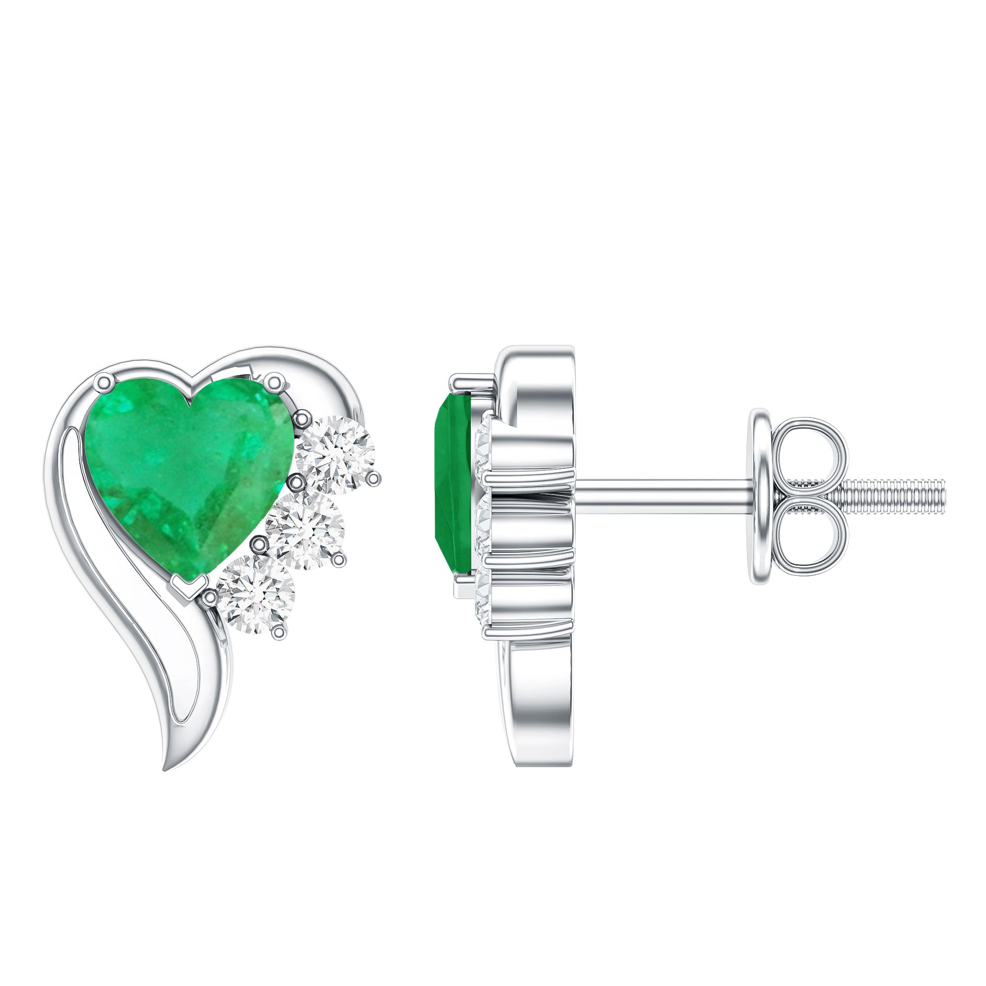 Real Emerald and Diamond Heart Stud Earrings