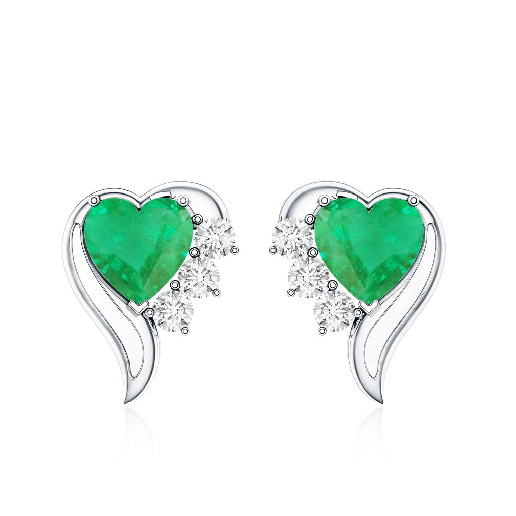 Real Emerald and Diamond Heart Stud Earrings