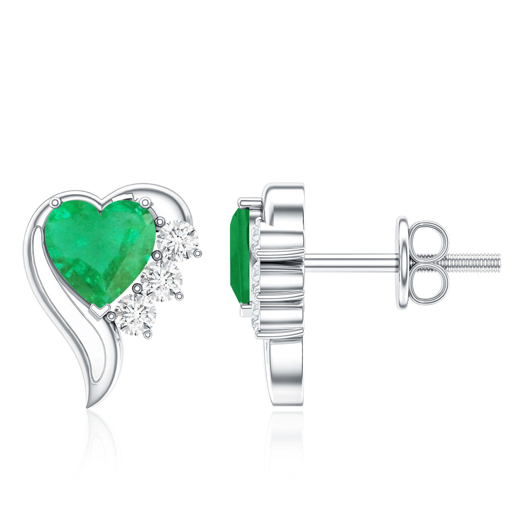 Real Emerald and Diamond Heart Stud Earrings