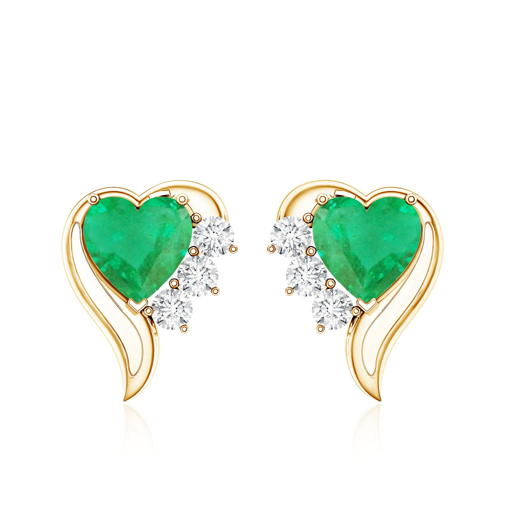 Real Emerald and Diamond Heart Stud Earrings
