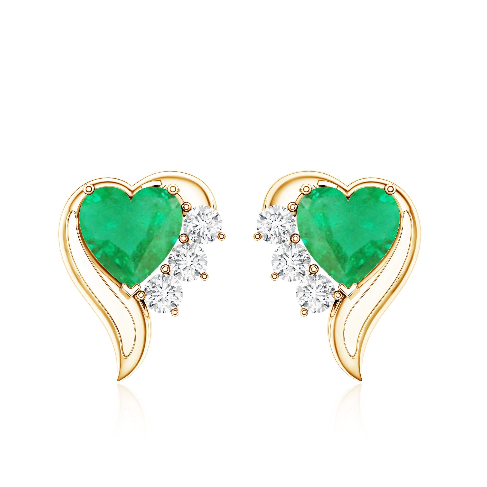 Real Emerald and Diamond Heart Stud Earrings