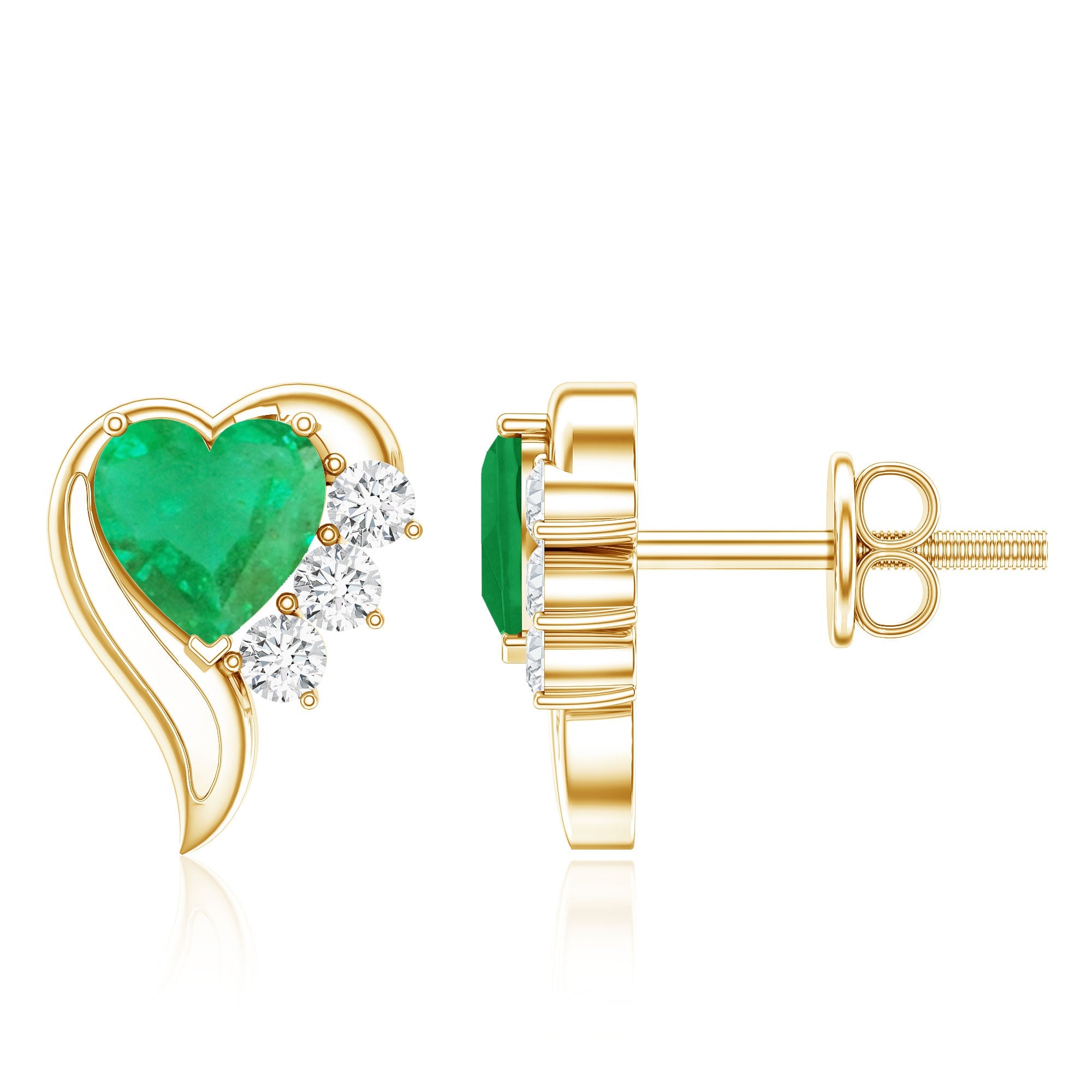 Real Emerald and Diamond Heart Stud Earrings