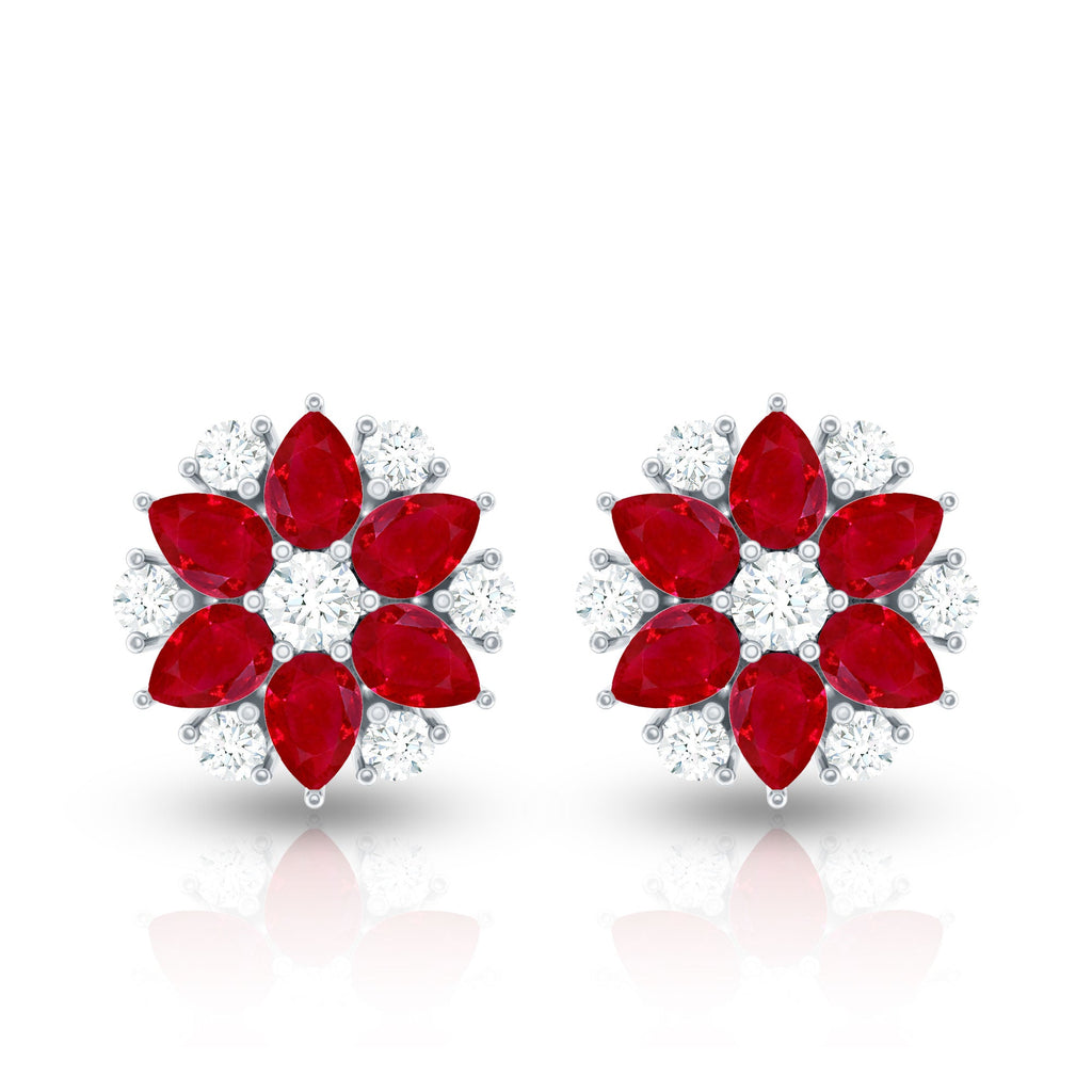 Pear Cut Ruby and Diamond Vintage Flower Earrings