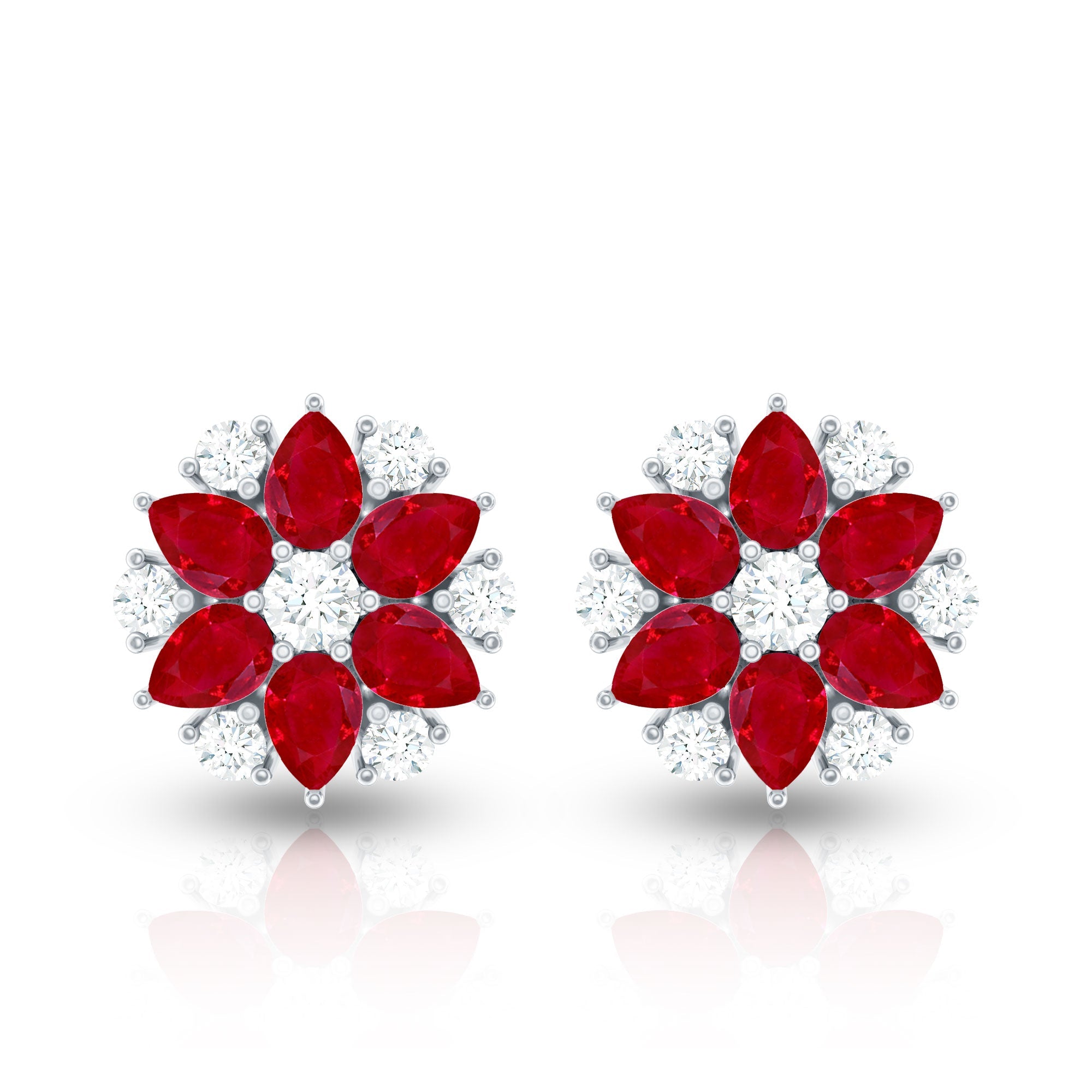 Pear Cut Ruby and Diamond Vintage Flower Earrings