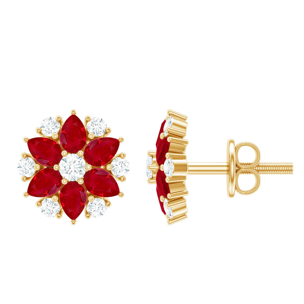 Pear Cut Ruby and Diamond Vintage Flower Earrings