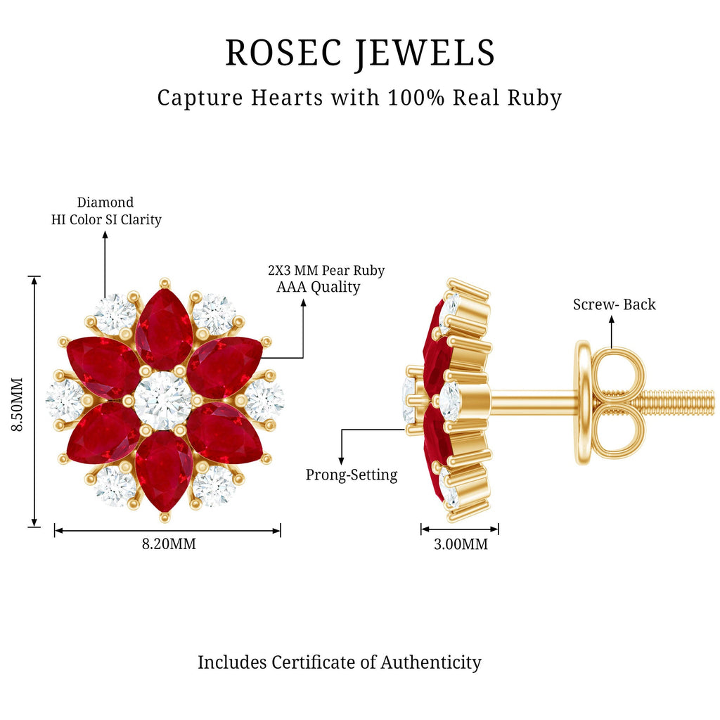 Pear Cut Ruby and Diamond Vintage Flower Earrings