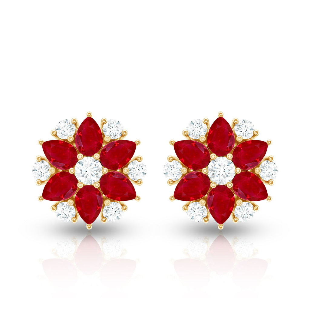 Pear Cut Ruby and Diamond Vintage Flower Earrings