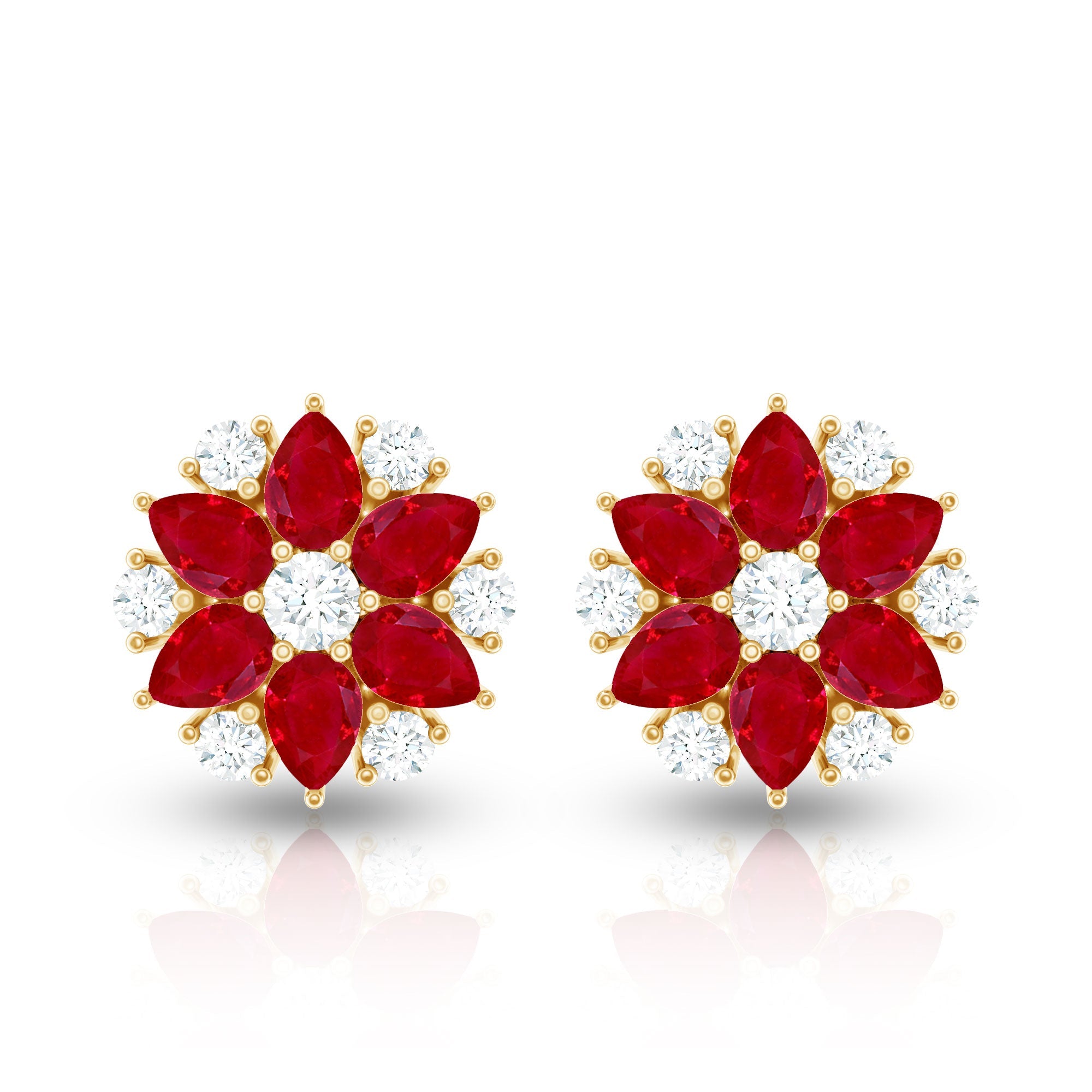 Pear Cut Ruby and Diamond Vintage Flower Earrings