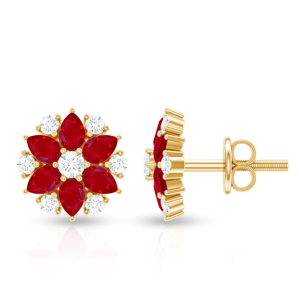 Pear Cut Ruby and Diamond Vintage Flower Earrings