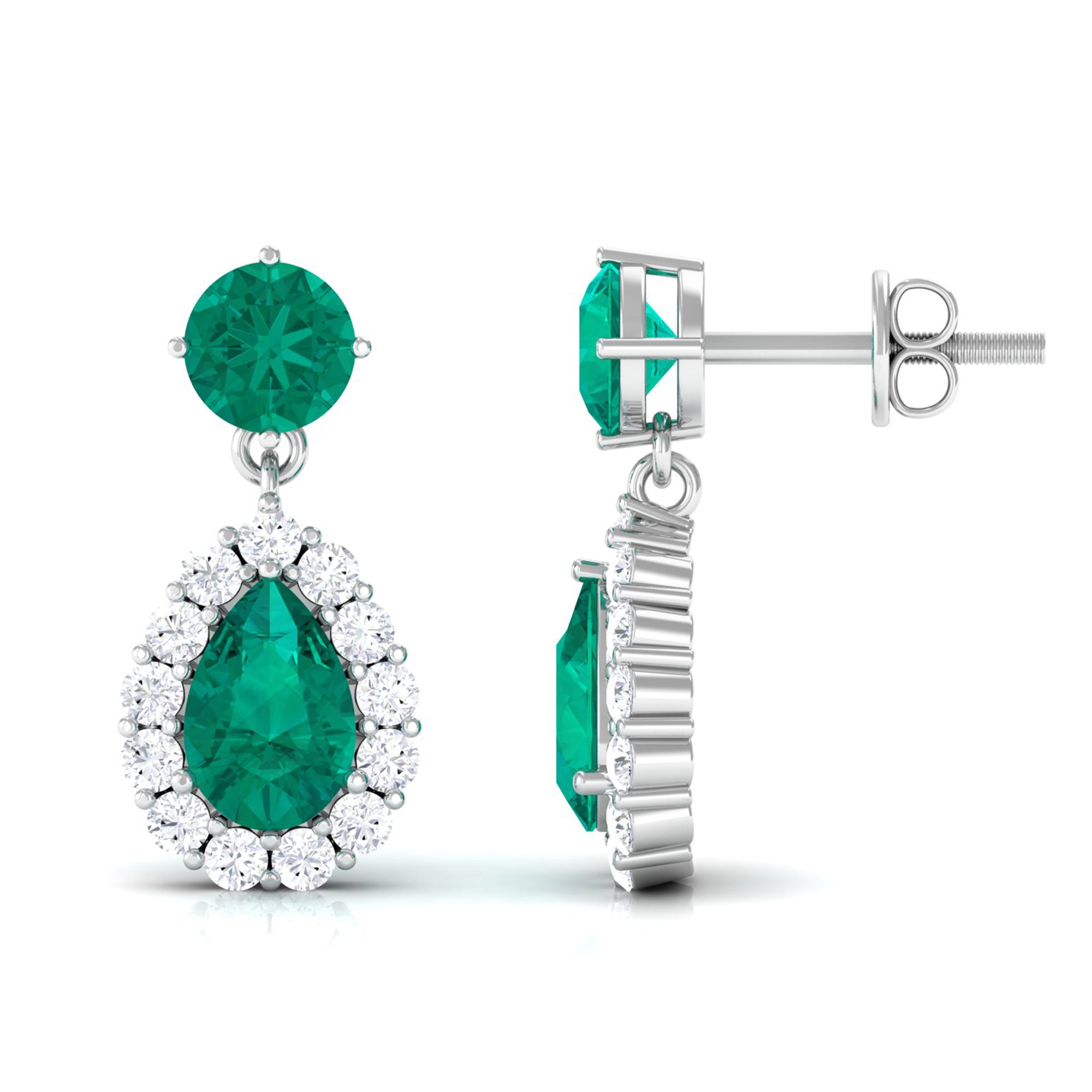 Natural Emerald Teardrop Earrings with Diamond Halo