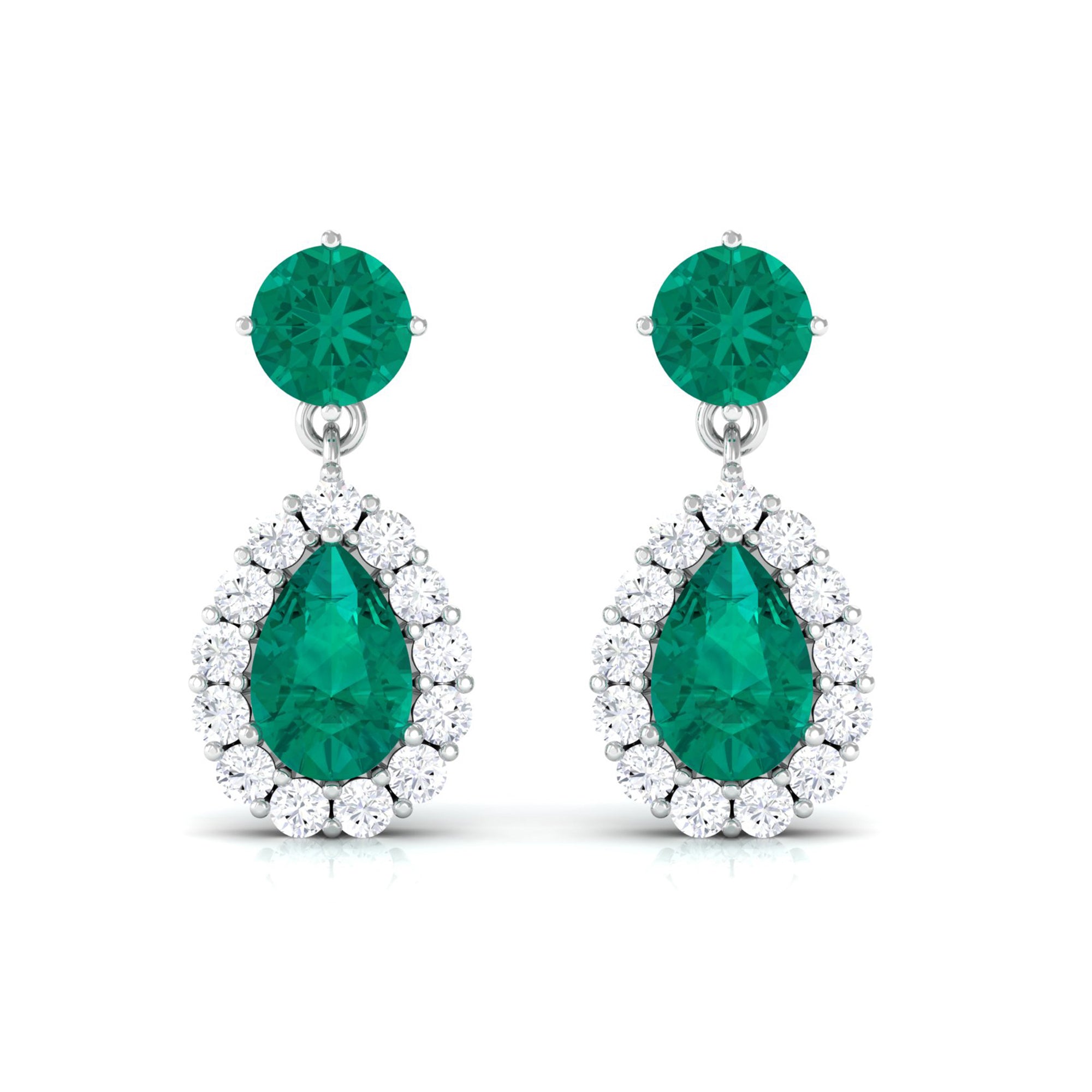Natural Emerald Teardrop Earrings with Diamond Halo