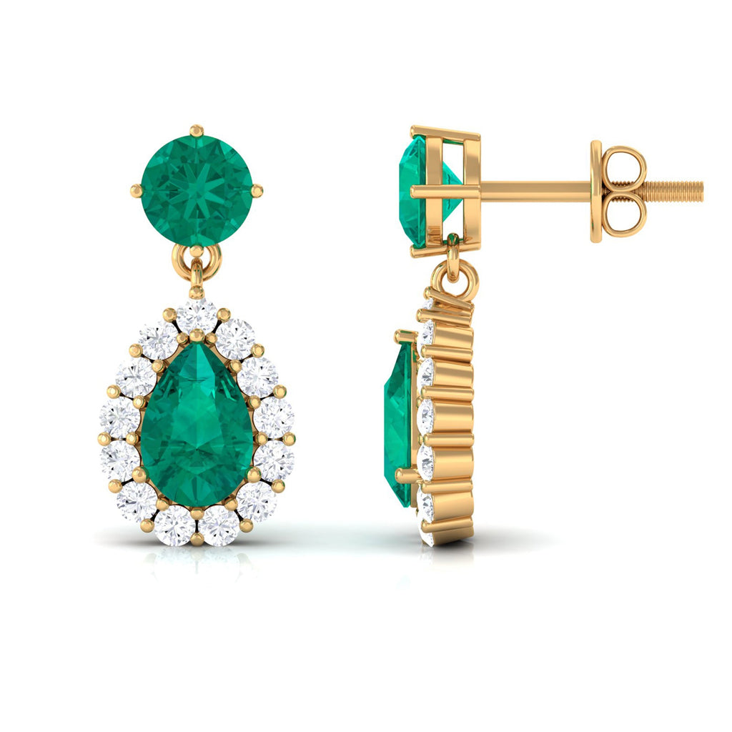 Natural Emerald Teardrop Earrings with Diamond Halo