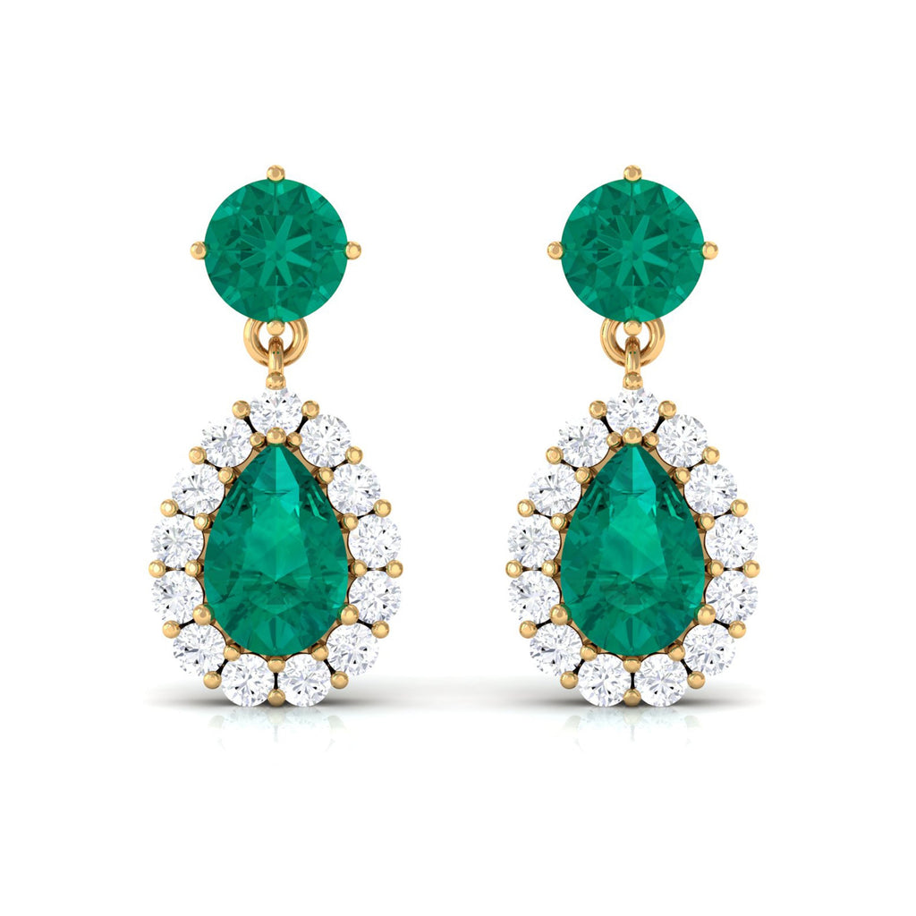 Natural Emerald Teardrop Earrings with Diamond Halo