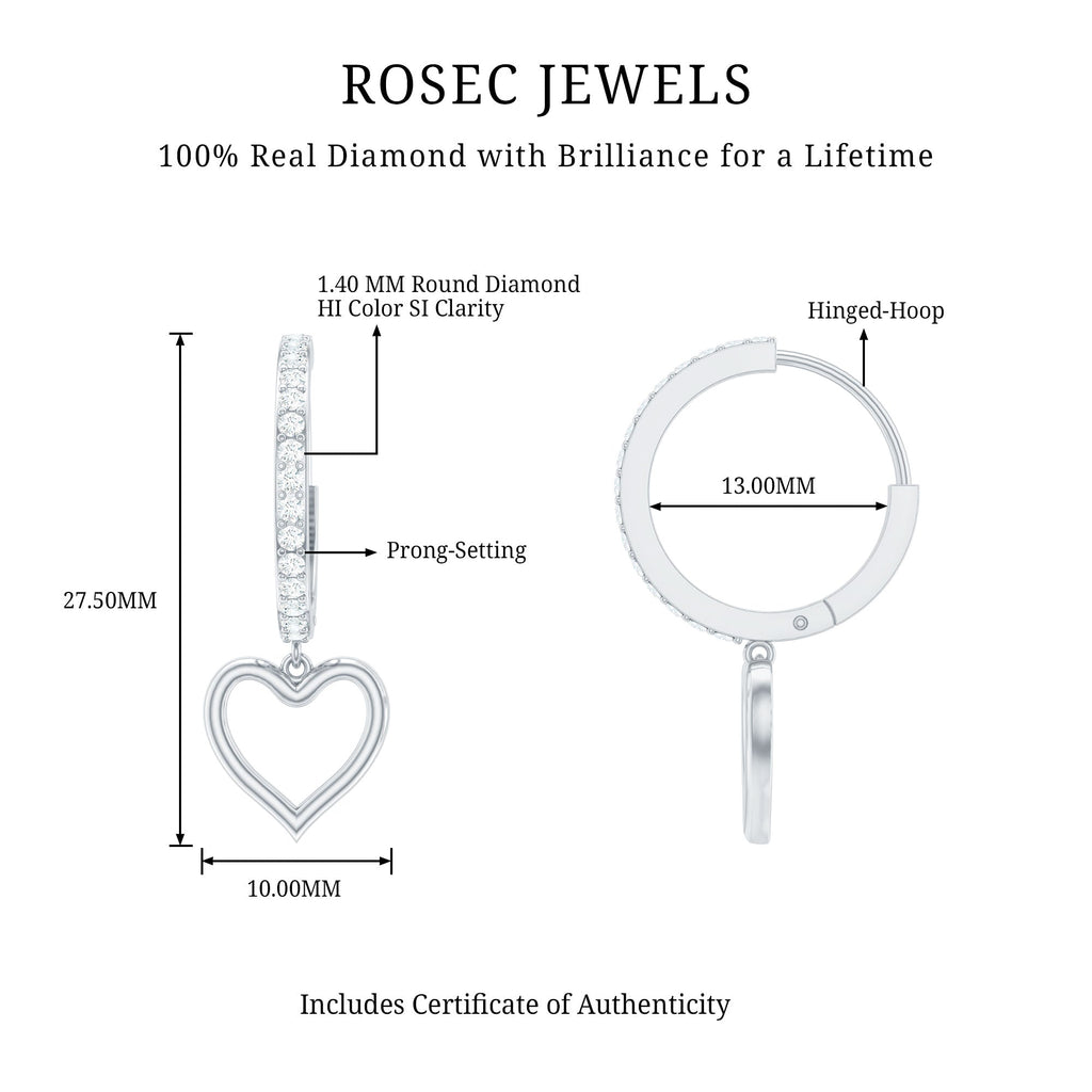 Genuine Diamond Heart Drop Earrings Hoop