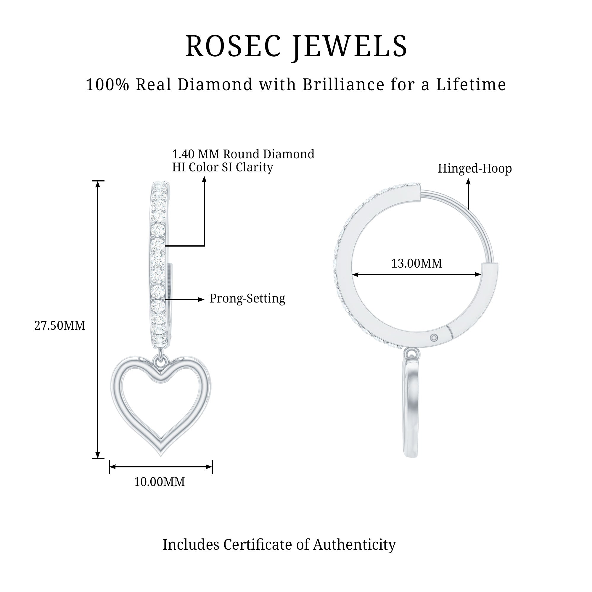 Genuine Diamond Heart Drop Earrings Hoop