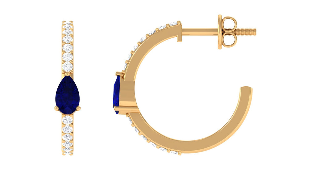 0.6 Carat Pear Cut Blue Sapphire and Diamond Hoop Earrings