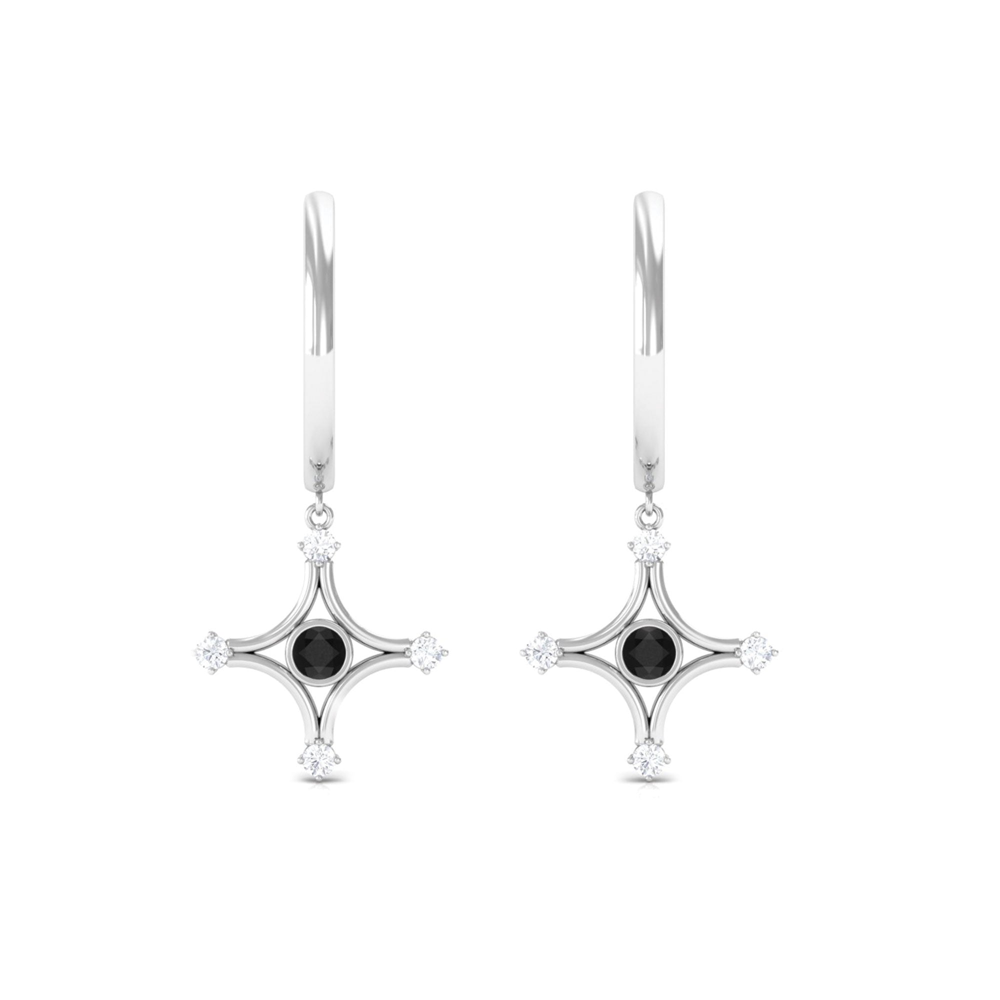 Lab Created Black and White Diamond Star Dangle Hoop Earrings