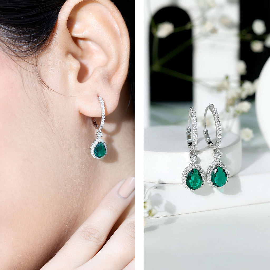 Lab Grown Emerald Hoop Drop Earrings With Moissanite Halo