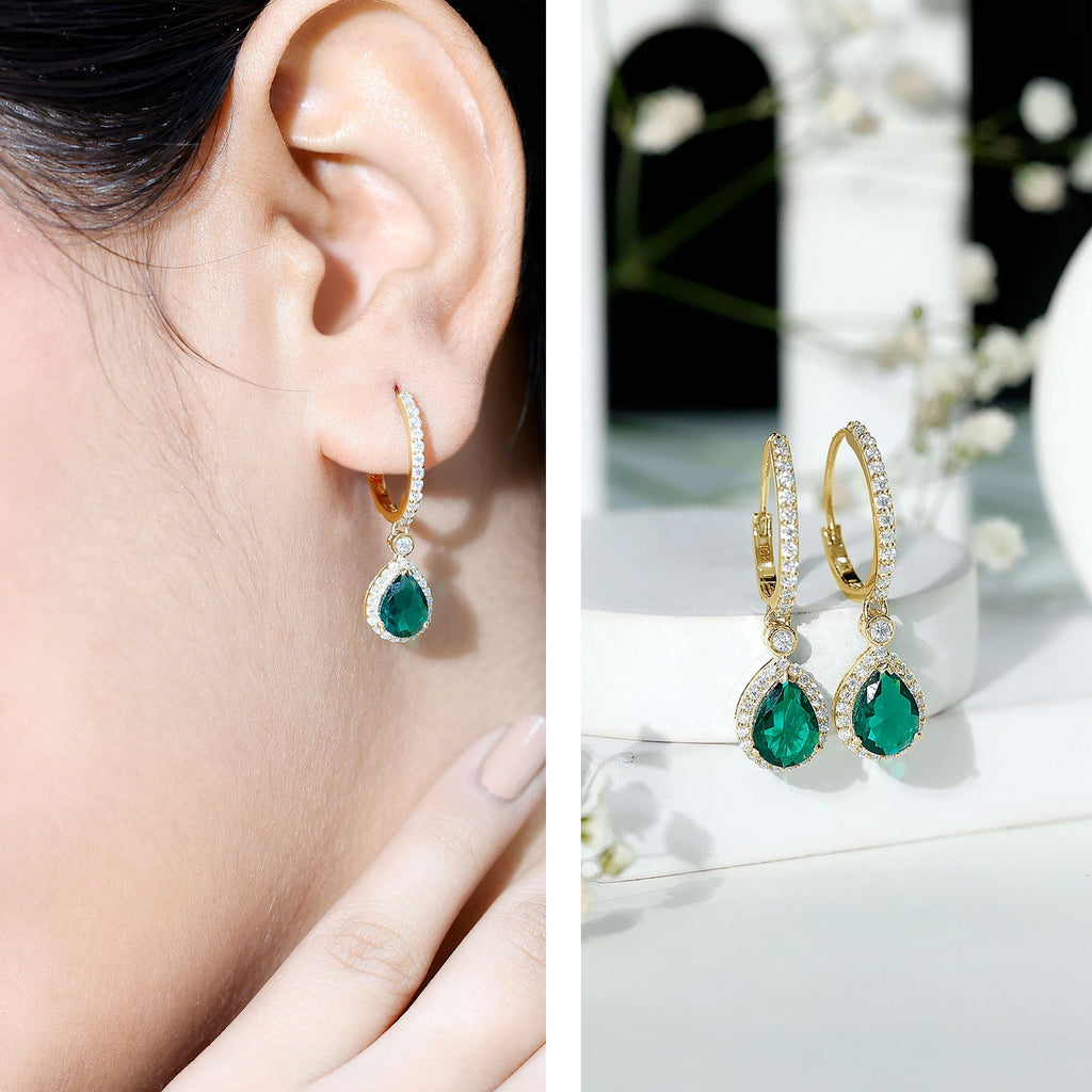 Lab Grown Emerald Hoop Drop Earrings With Moissanite Halo