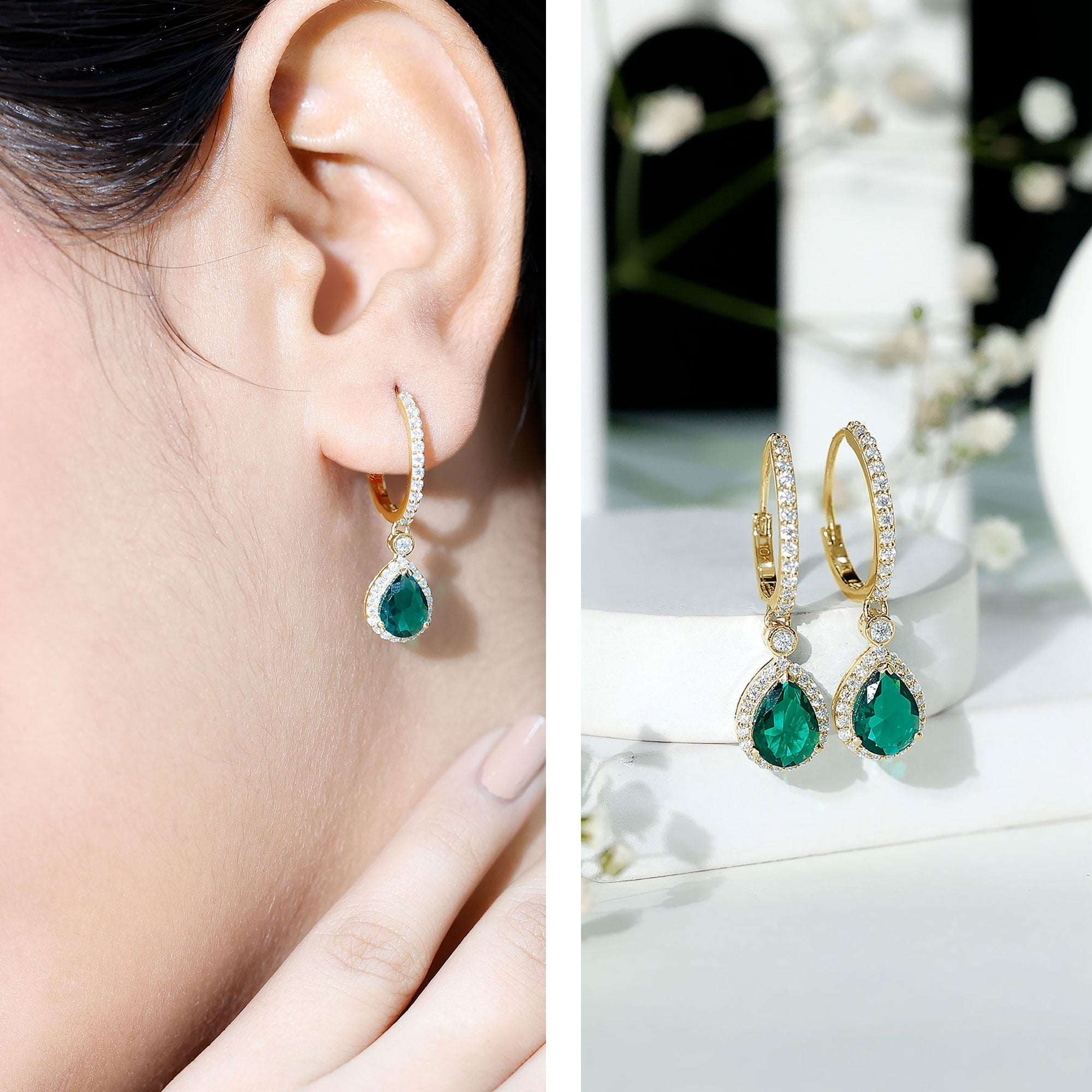 Lab Grown Emerald Hoop Drop Earrings With Moissanite Halo